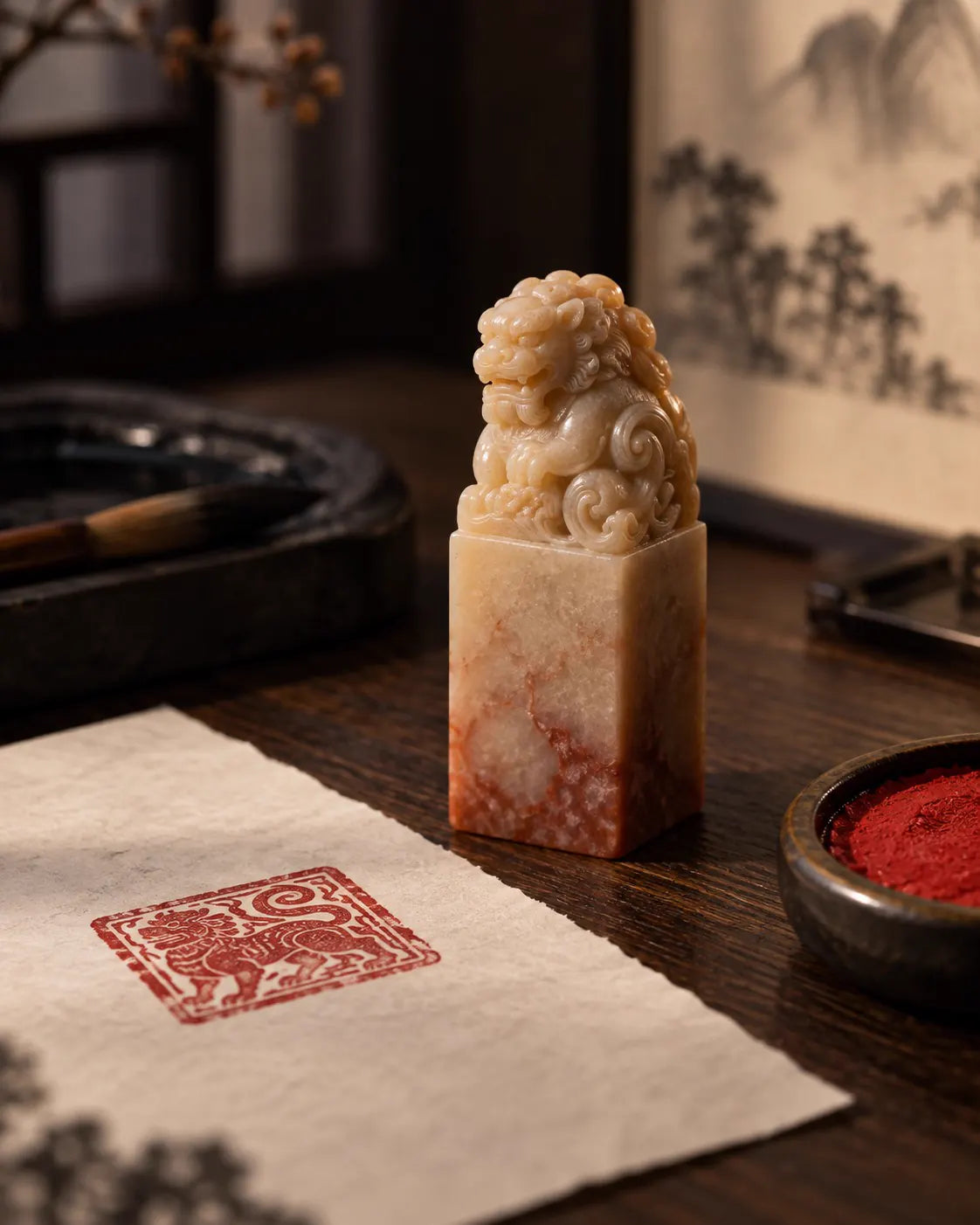 A hand-carved seal beside an ink pad