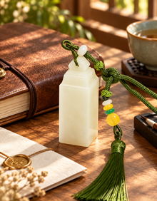 Jade-Green Tassel Seal | Cream & Gold-Tone Design