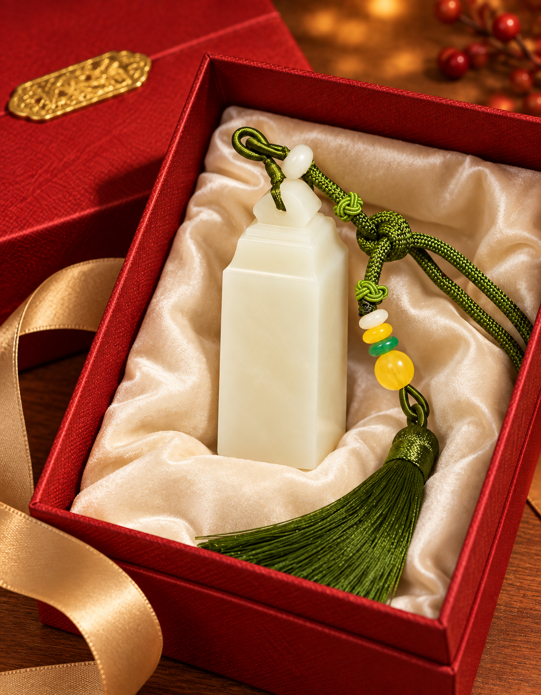 Jade-Green Tassel Seal | Cream & Gold-Tone Design