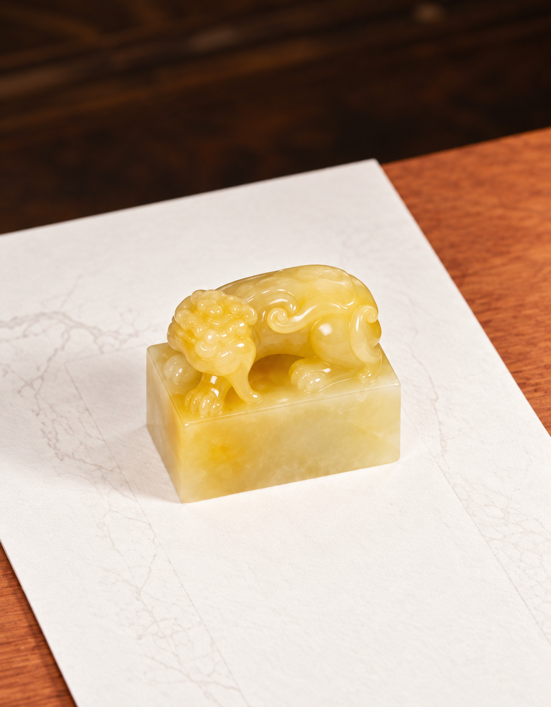 Golden stone seal resting on paper at a desk