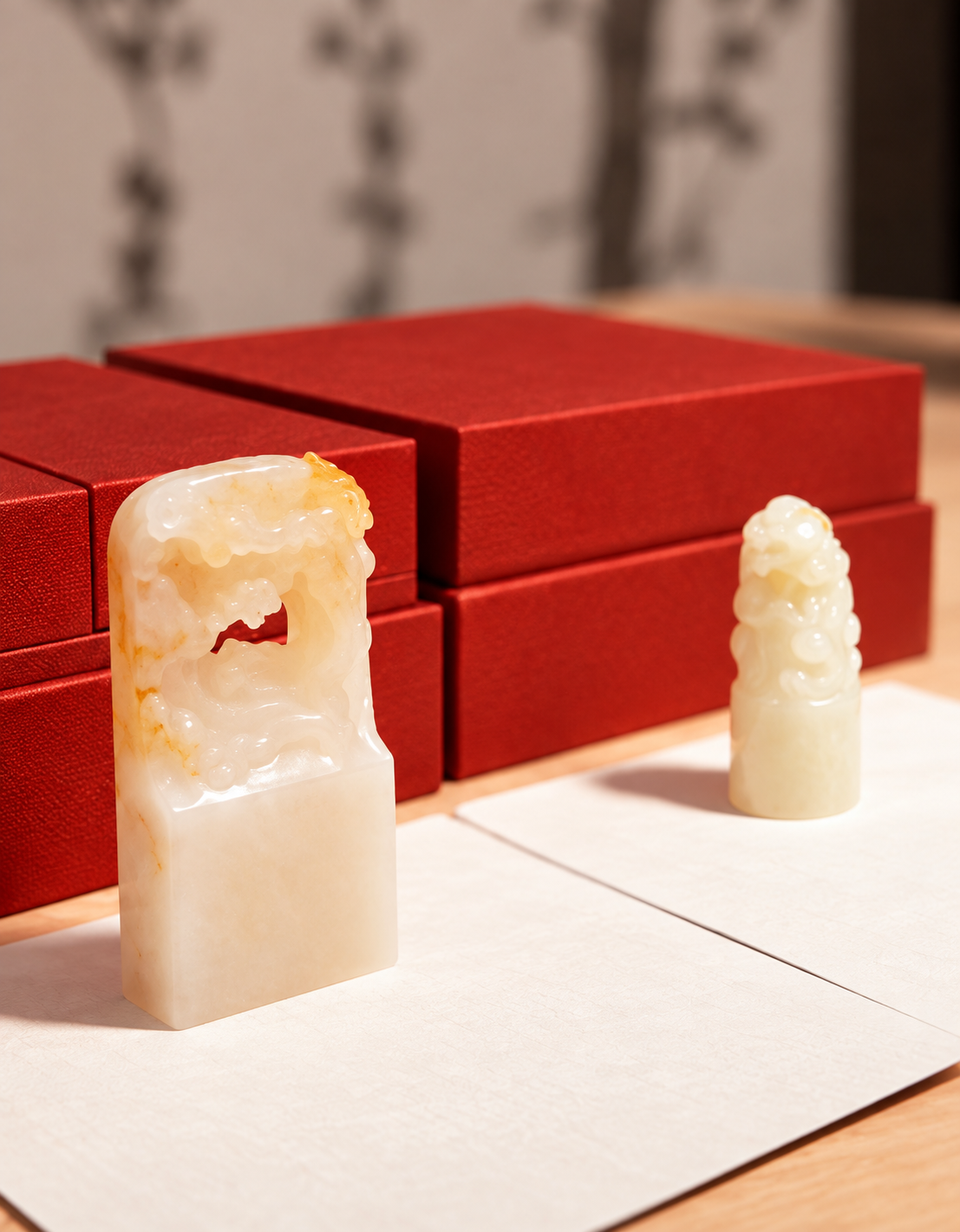 Two cream stone seals arranged with red gift boxes